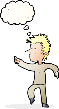 Bir insan tarafından çizilen düşünce baloncuğuyla işaret eden çizgi film adamı.