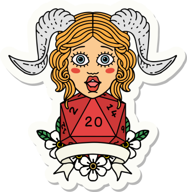 Bir insan tarafından çizilmiş doğal yirmi zarla yapıştırılmış bir etiket.