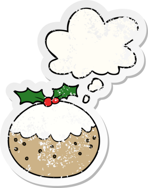 Düşünce baloncuklu Noel pudingi insan tarafından çizilmiş yıpranmış bir çıkartma.