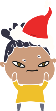 Bir insan tarafından çizilmiş Noel Baba şapkası takan bir kadının düz renkli çizimi.