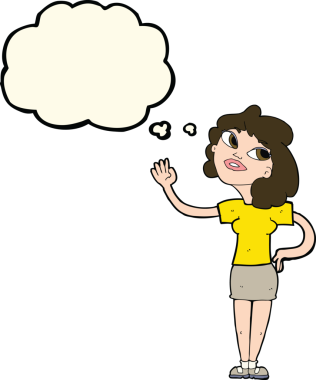 Bir insan tarafından çizilmiş düşünce baloncuğuyla el sallayan çizgi film kadını.