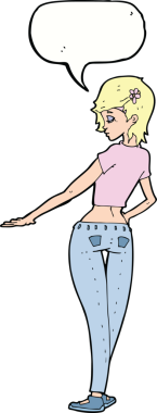 Kotlu güzel bir kız ve bir insan tarafından çizilmiş konuşma balonlu bir tişört.