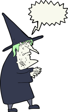 Bir insan tarafından çizilmiş konuşma balonu olan çirkin yaşlı cadı çizgi filmi.