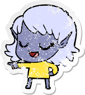 Bir insan tarafından çizilmiş mutlu bir elf kızının sıkıntılı çıkartması.