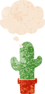 Düşünce baloncuğu olan çizgi film kaktüsleri bir insan tarafından çizilmiş dertli retro desenli.