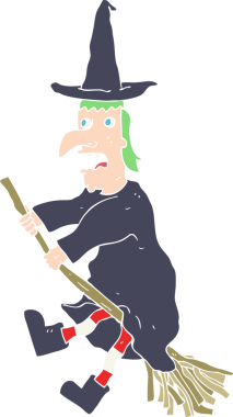 Bir insan tarafından çizilmiş süpürge üzerinde uçan cadının düz renk çizimi