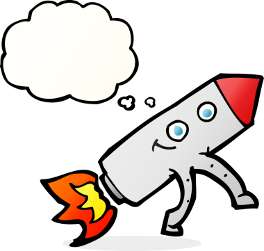 Bir insan tarafından çizilmiş düşünce baloncuklu mutlu roket.