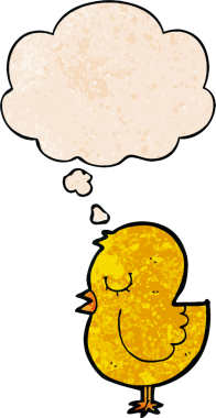 Bir insan tarafından çizilmiş grunge desenli düşünce baloncuklu çizgi film kuşu.