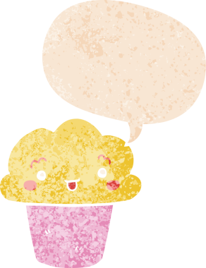 Yüzü konuşma baloncuğu olan, grunge 'da sıkıntılı, desenli bir insan tarafından çizilmiş bir kek.