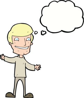 Bir insan tarafından çizilmiş düşünce baloncuğu ile sırıtan çizgi film adamı.