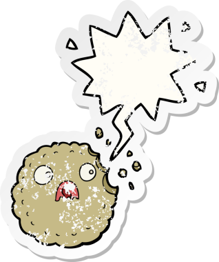 Konuşma balonlu ürkek kurabiye karikatürü bir insan tarafından çizilmiş sıkıntılı eski bir çıkartma