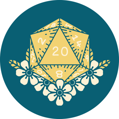 Retro Dövme Biçimi Doğal 20 D20 zar bir insan tarafından çizilmiş çiçek elementleriyle