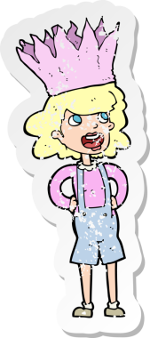 Bir insan tarafından çizilmiş taç giyen bir çizgi film karakterinin sıkıntılı retro çıkartması.