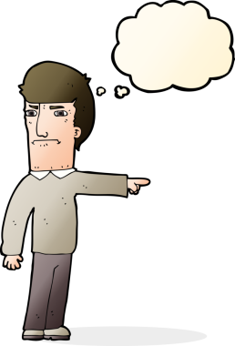 Bir insan tarafından çizilen düşünce baloncuğuyla işaret eden çizgi film adamı.