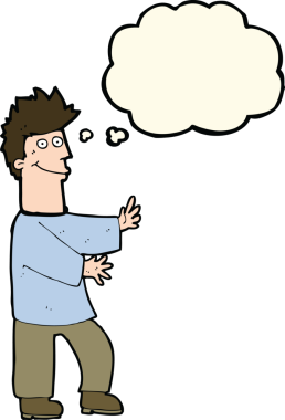 Bir insan tarafından çizilmiş düşünce balonlu mutlu adam çizgi filmi.