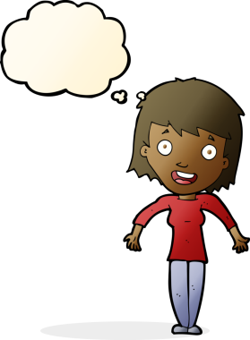 Bir insan tarafından çizilmiş düşünce baloncuğuyla omuz silken çizgi film kadını.