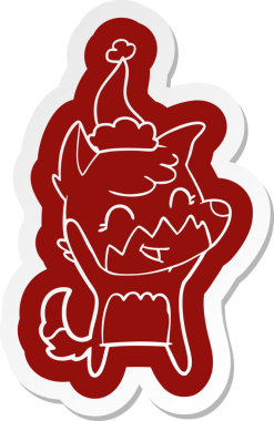 Bir insan tarafından çizilmiş Noel Baba şapkası giyen bir tilkinin komik çizgi film çıkartması.