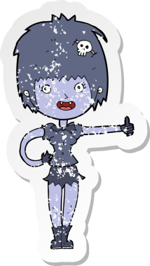 Bir insan tarafından çizilmiş işaret veren vampir kız çizgi filminin gerilimli yapıştırması.