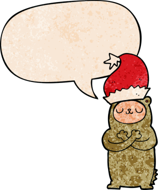 Bir insan tarafından çizilmiş eski moda konuşma baloncuklu Noel şapkası takan çizgi film ayısı.