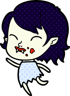 Bir insan tarafından çizilmiş yanağında kan olan vampir kız çizgi filmi.