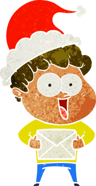 Bir insan tarafından çizilmiş Noel Baba şapkası giyen mutlu bir adamın el çizimi karikatürü.