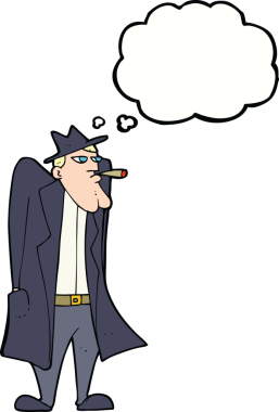 Şapkalı ve trençkotlu çizgi filmci. Düşünce baloncuğu çizen bir insan.