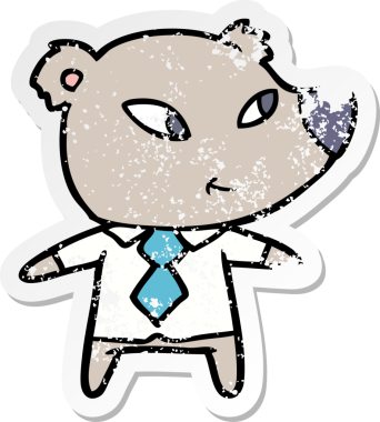 Bir insan tarafından çizilmiş ofis kıyafetleri içindeki şirin bir ayının sıkıntılı çıkartması.