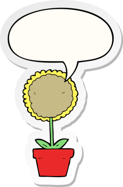 Bir insan tarafından çizilmiş baloncuk çıkartmalı şirin bir karikatür çiçeği.