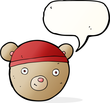 Bir insan tarafından çizilmiş konuşma balonlu oyuncak ayı kafası.