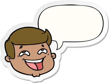 Bir insan tarafından çizilmiş konuşma kabarcığı çıkartmalı mutlu erkek yüzü.