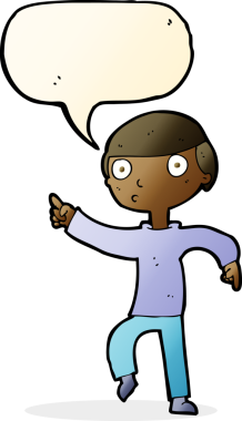 Çizgi filmci çocuk bir insan tarafından çizilmiş konuşma balonuyla işaret ediyor.