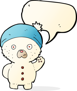 Bir insan tarafından çizilmiş konuşma baloncuğu olan kış şapkalı kutup ayısı sallayan çizgi film.