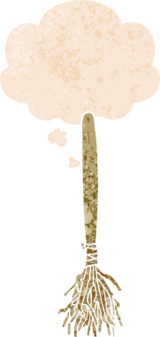 Düşünce baloncuğu ile çizgi film sihirli süpürgesi grunge sıkıntılı retro stil bir insan tarafından çizilmiş