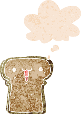 Düşünce baloncuğu ve grunge ile sevimli çizgi film tostu bir insan tarafından çizilmiş sıkıntılı retro dokuma