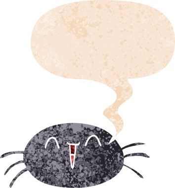 çizgi film örümceği, konuşma baloncuğu ve grunge dertli eski moda bir insan tarafından çizilmiş.