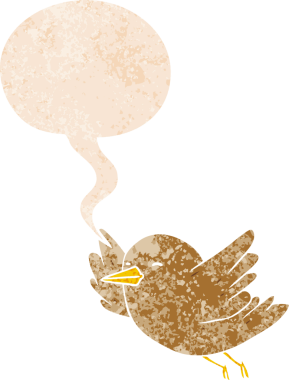 grunge 'da konuşma baloncuğu olan karikatür kuşu bir insan tarafından çizilmiş dertli retro tarzı