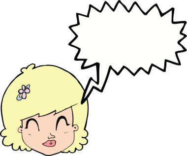 Bir insan tarafından çizilmiş konuşma balonlu mutlu kadın yüzü.