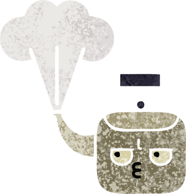 Bir insan tarafından çizilen dumanı tüten bir çaydanlığın retro çizim tarzı karikatürü