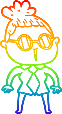 Bir insan tarafından çizilmiş gözlük takan bir karikatür kadının çizimi.