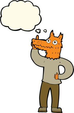 Bir insan tarafından çizilmiş düşünce balonlu tilki adam.