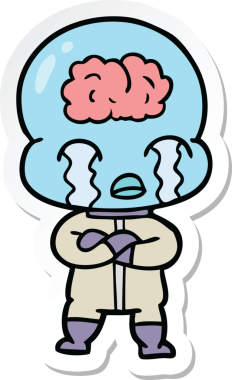 Bir çizgi film çıkartması. Bir insan tarafından çizilmiş büyük beyinli uzaylı ağlaması.