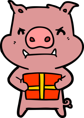 Bir insan tarafından çizilmiş Noel hediyeli kızgın çizgi film domuzu.