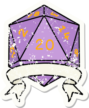 Bir insan tarafından çekilen 20 kritik vuruşluk D20 zar atımının grunge çıkartması.