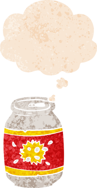 Düşünce baloncuğu ve grunge ile çizgi film soda kutusu bir insan tarafından çizilmiş sıkıntılı retro dokuma tarzı