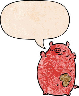 Bir insan tarafından çizilmiş eski moda konuşma baloncuklu şişman domuz.