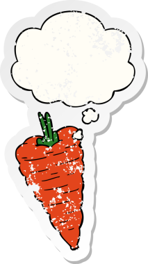 Düşünce baloncuklu çizgi film havucu insan tarafından çizilmiş yıpranmış bir çıkartma gibi.