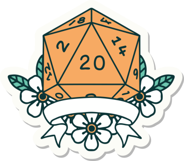 Bir insan tarafından çizilmiş 20 kritik vuruşluk D20 zar etiketi.