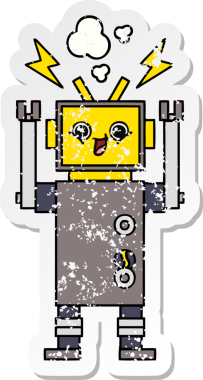 Bir insan tarafından çizilmiş sevimli bir robot çizgi film çıkartması.