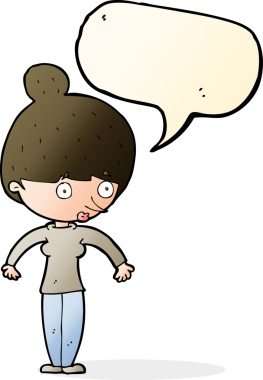 Bir insan tarafından çizilmiş bir konuşma balonuyla bakan çizgi film kadını.