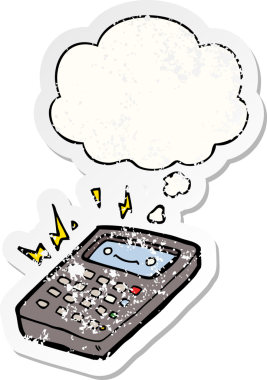 Düşünce baloncuğu olan karikatür hesap makinesi bir insan tarafından çizilmiş yıpranmış bir çıkartma.